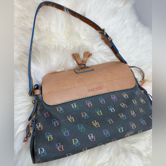 Dooney & Bourke “ Vintage It Bag” Leather Baguette Rainbow Monogram Blue Trim - Picture 14 of 17